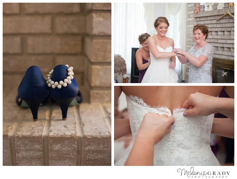 Melanie Grady Photography, bride, getting ready, blue by Betsy johnson, blue wedding shoes, wedding bracelet, lace gown 