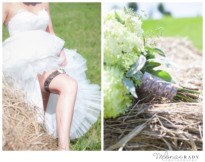 Melanie Grady Photography, camouflage garter, bridal bouquet, lace and burlap, hay bail, country wedding