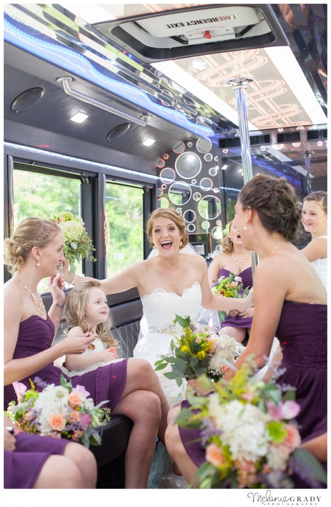 Melanie Grady Photography, beautiful bride, bridal bouquet, lace and burlap, country wedding, limo bus, limo 