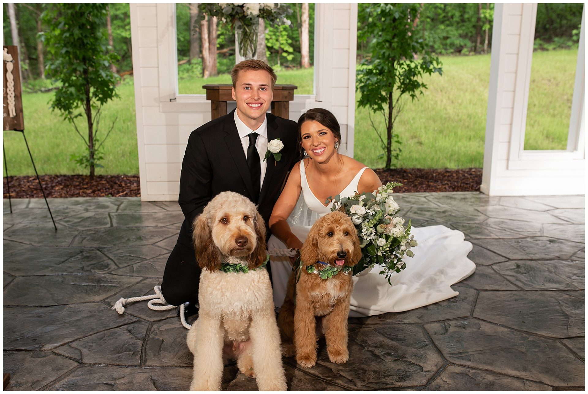Chapel in the woods, firefly lane wedding, nashville wedding, open air chapel, wedding photos with dogs, golden doodles at the wedding
