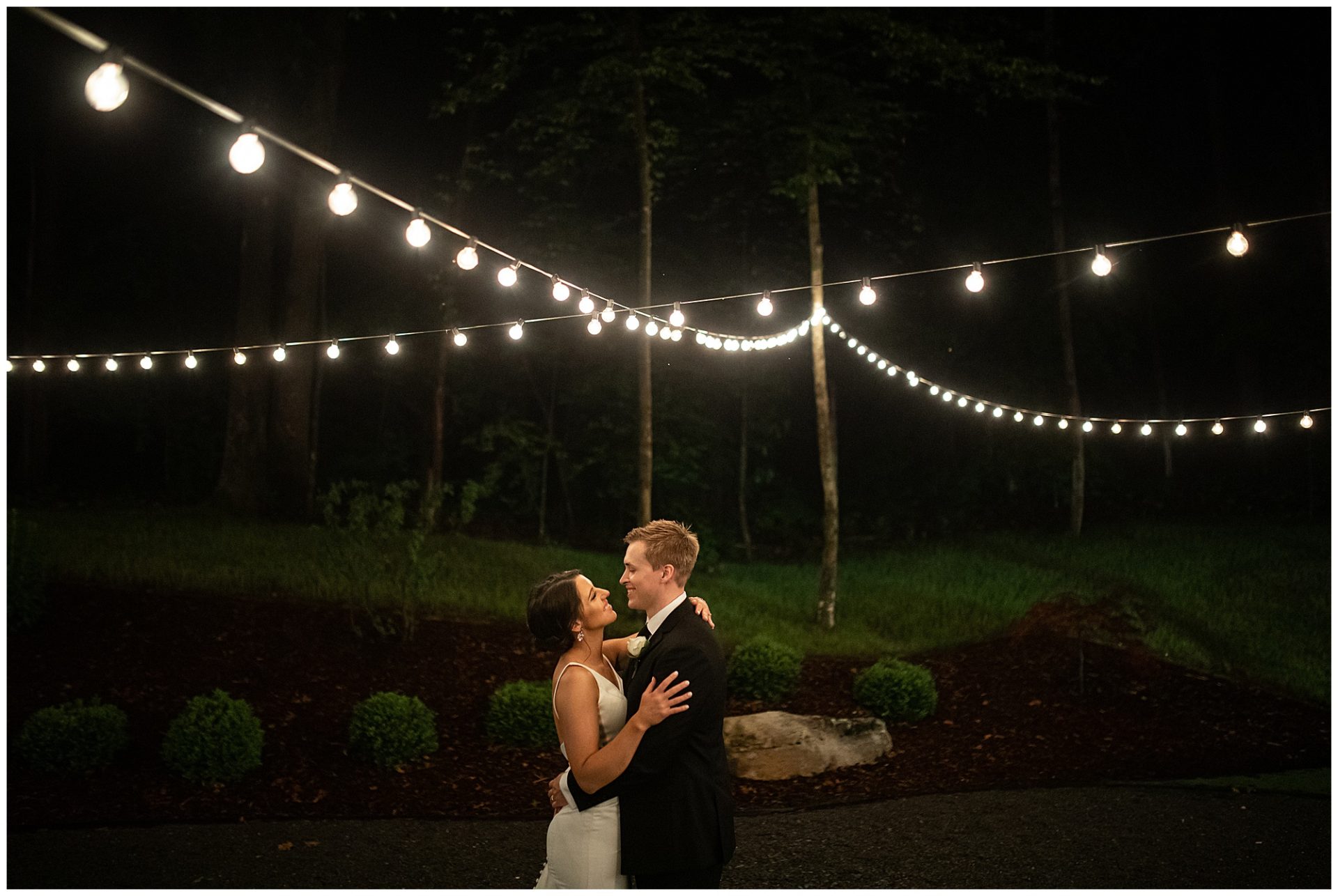 Chapel in the woods, firefly lane wedding, nashville wedding, open air chapel, outdoor reception under string lights, bride and groom under string lights