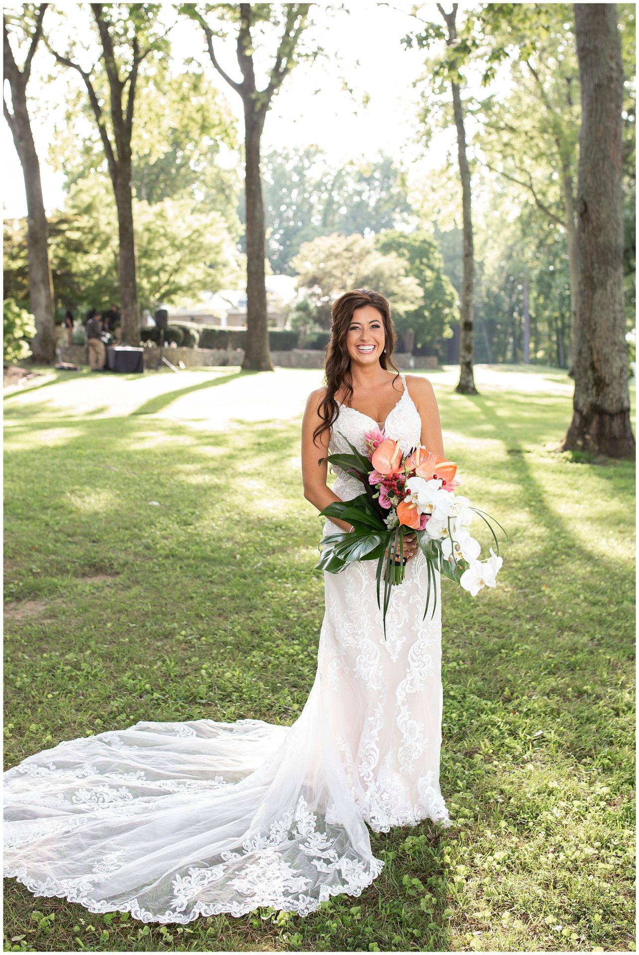 Bridal portraits with a tropical bouquet at the wedding at The Estate at Cherokee Dock in Nashville