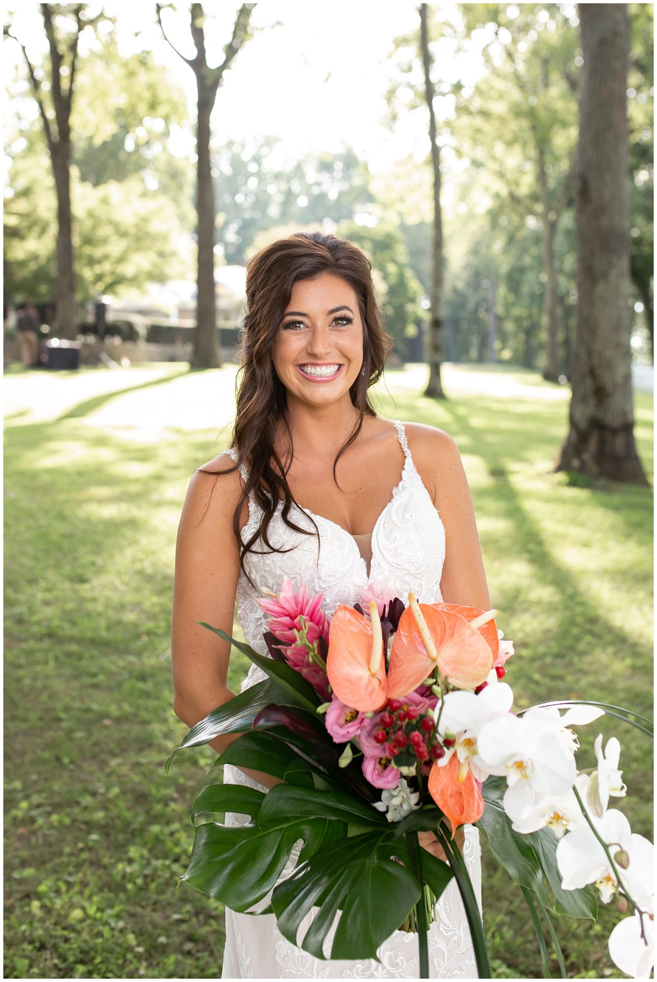 Beautiful Bridal portraits with a tropical bouquet at the wedding at The Estate at Cherokee Dock in Nashville